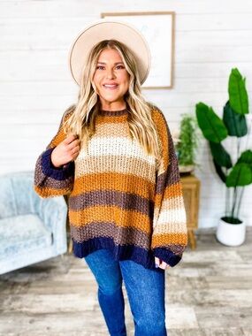 GGO Women's Striped Knit Sweater - Brown, Cream, Orange